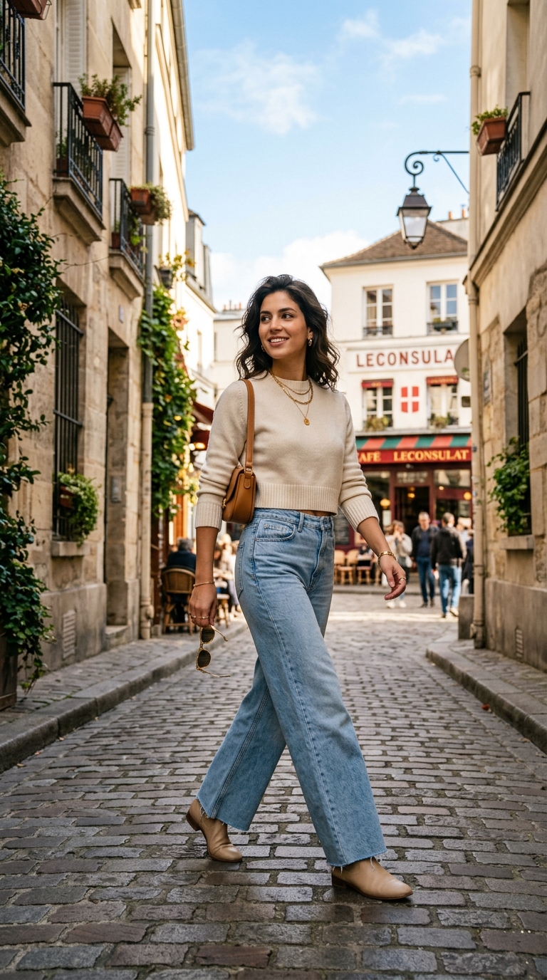 Wide leg light wash denim with cropped cream knit